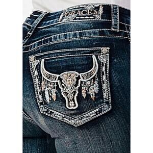 Grace In La Steer Head Modify Midrise Bootcut Jeans Sz 29 Embroidery 34"Long NEW